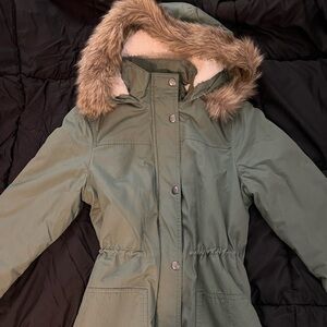 GAP Olive Jacket with Faux Fur Hood